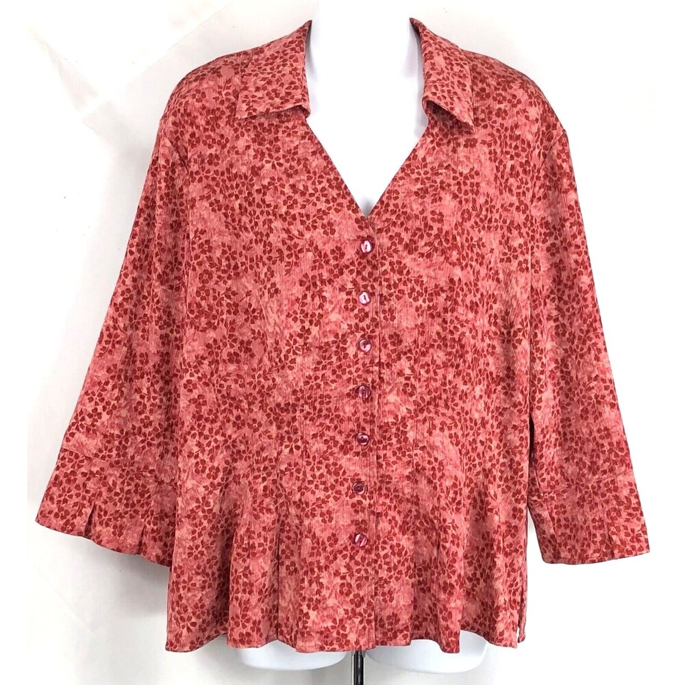 Norton McNaughton Silky blouse 1X Red Floral v-neck 3/4 Sleeves Bohemian Hippie